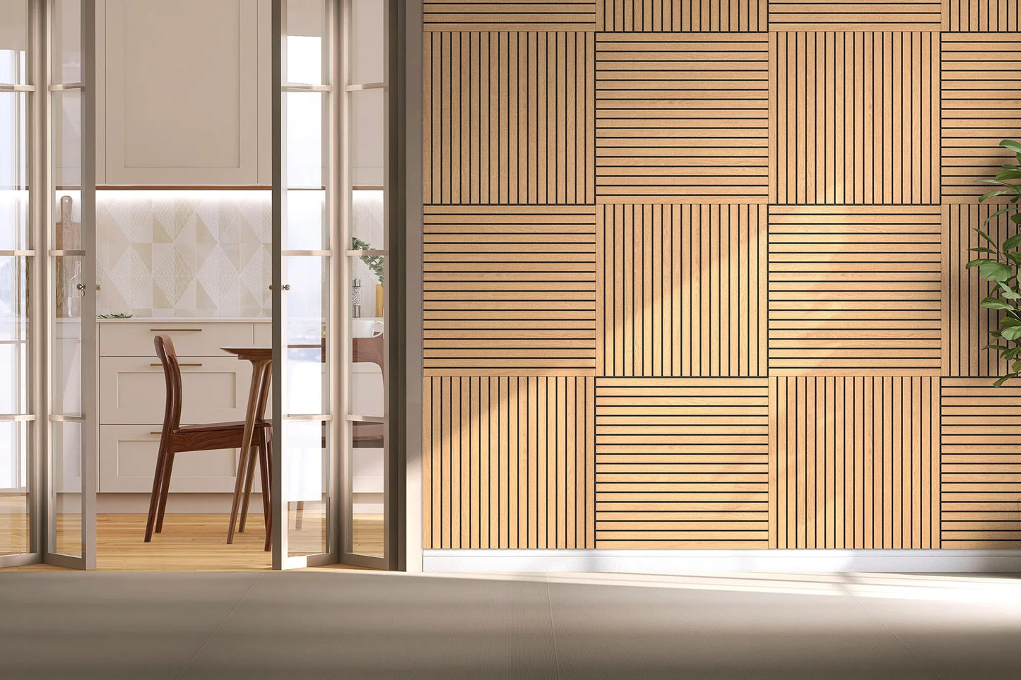 Kitchen with VicStrip slat panels in Natural Oak